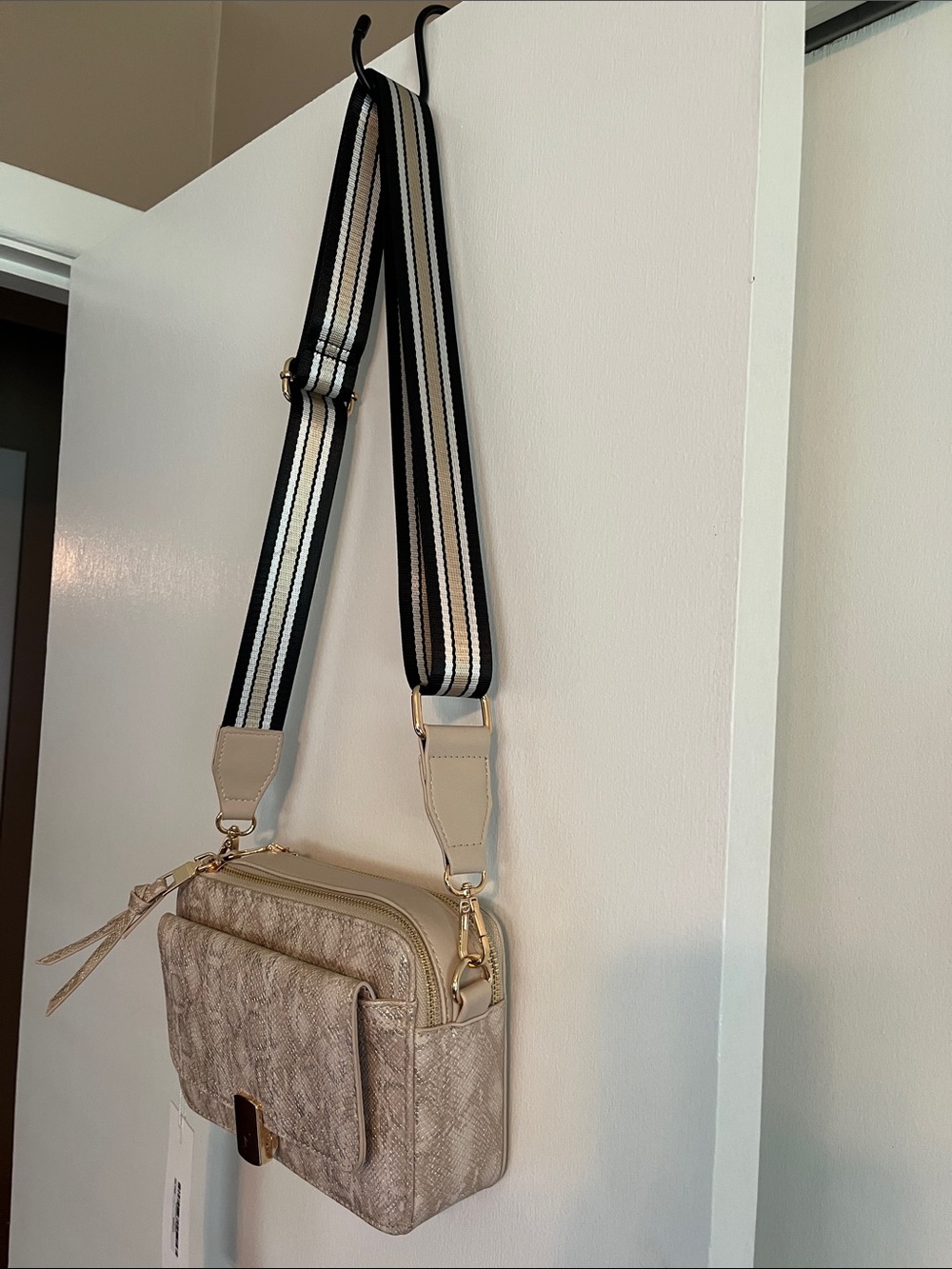 Textured Cream Crossbody Bag with Gold Accents